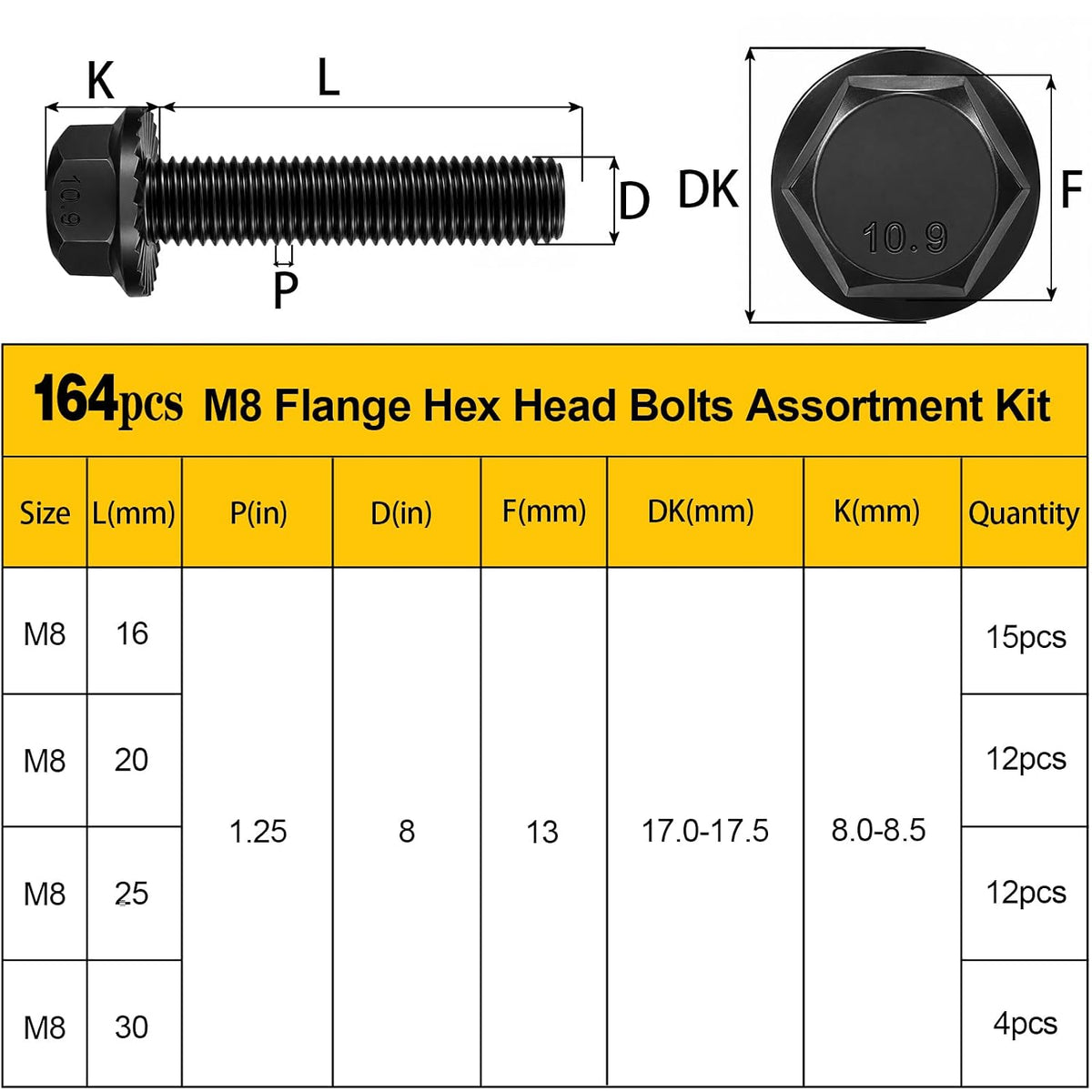 164PCS M8 Flange Hex Bolt Assortment Kit, M8-1.25 x 16/20/25/30 mm