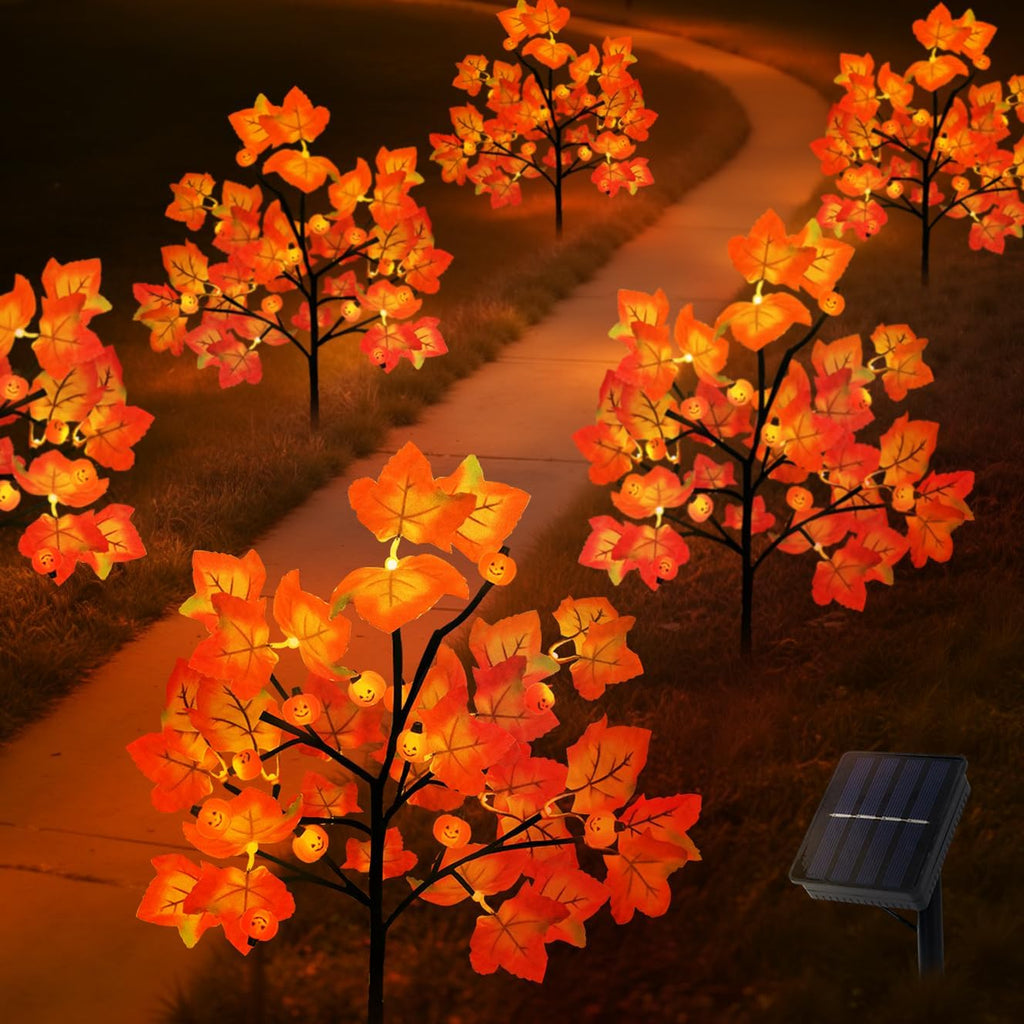4 Packs Solar Fall Thanksgiving Decorations Outdoor, 80LED Maple Leaf Pumpkin Fall Lights for Outdoor Fall