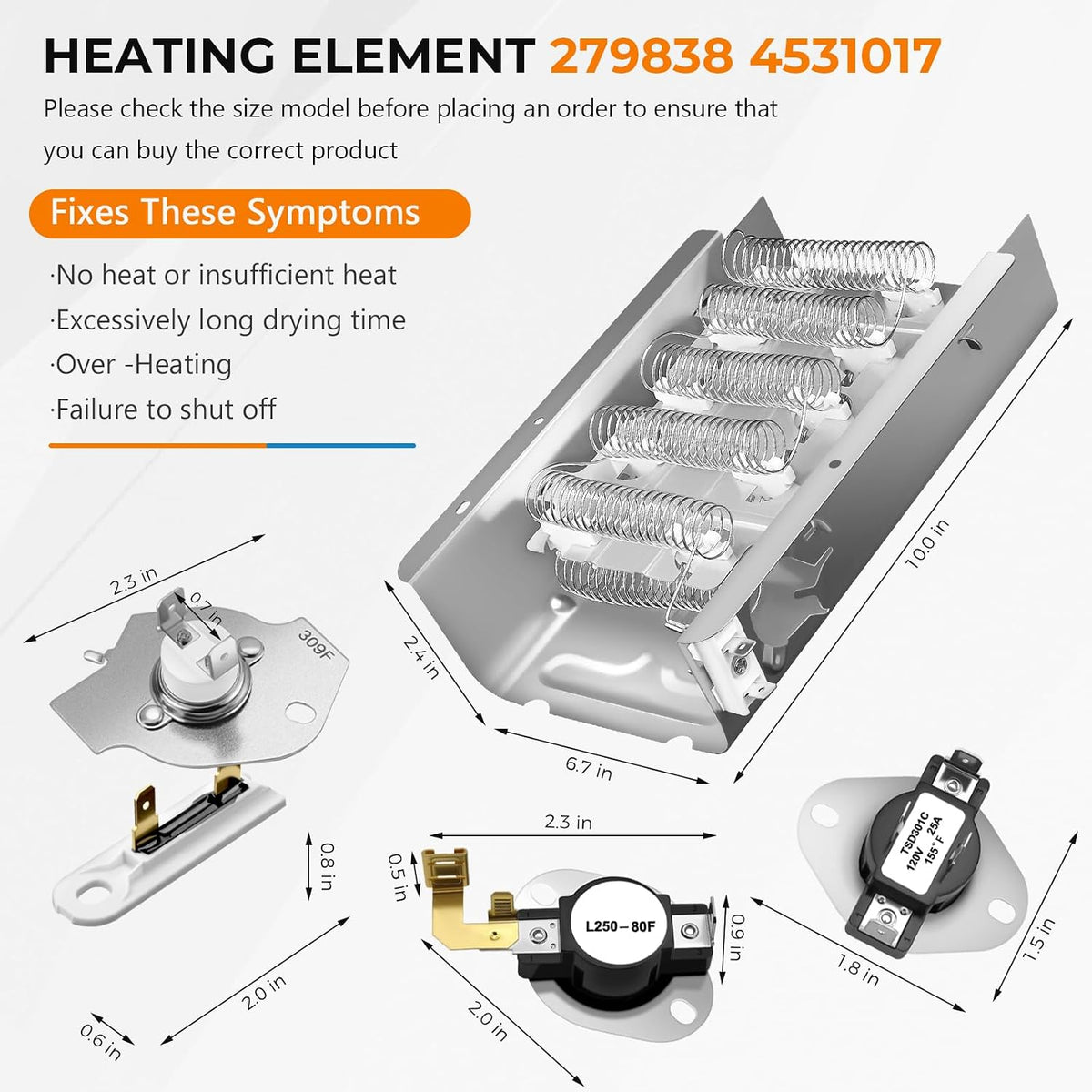 2026 UPGRADED 279838 4531017 W10724237 Dryer Heating Element Kit for Whirlpool Kenmore Maytag Dryer MEDX655DW1 WED4815EW1-3977393 3392519 Thermal Fuse 3977767 3387134 Cycling Thermostat by Blutoget