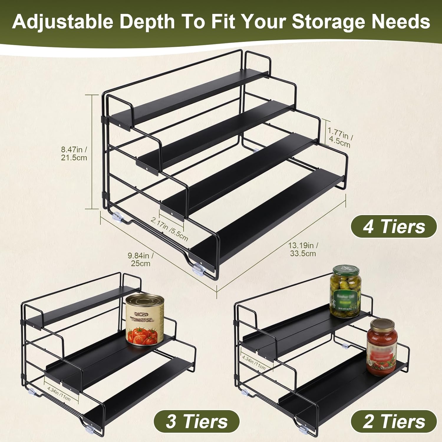 Spice Rack Organizer for Cabinet, Tiered Adjustable Spice Shelf Organization, Metal Seasoning Rack for Kitchen