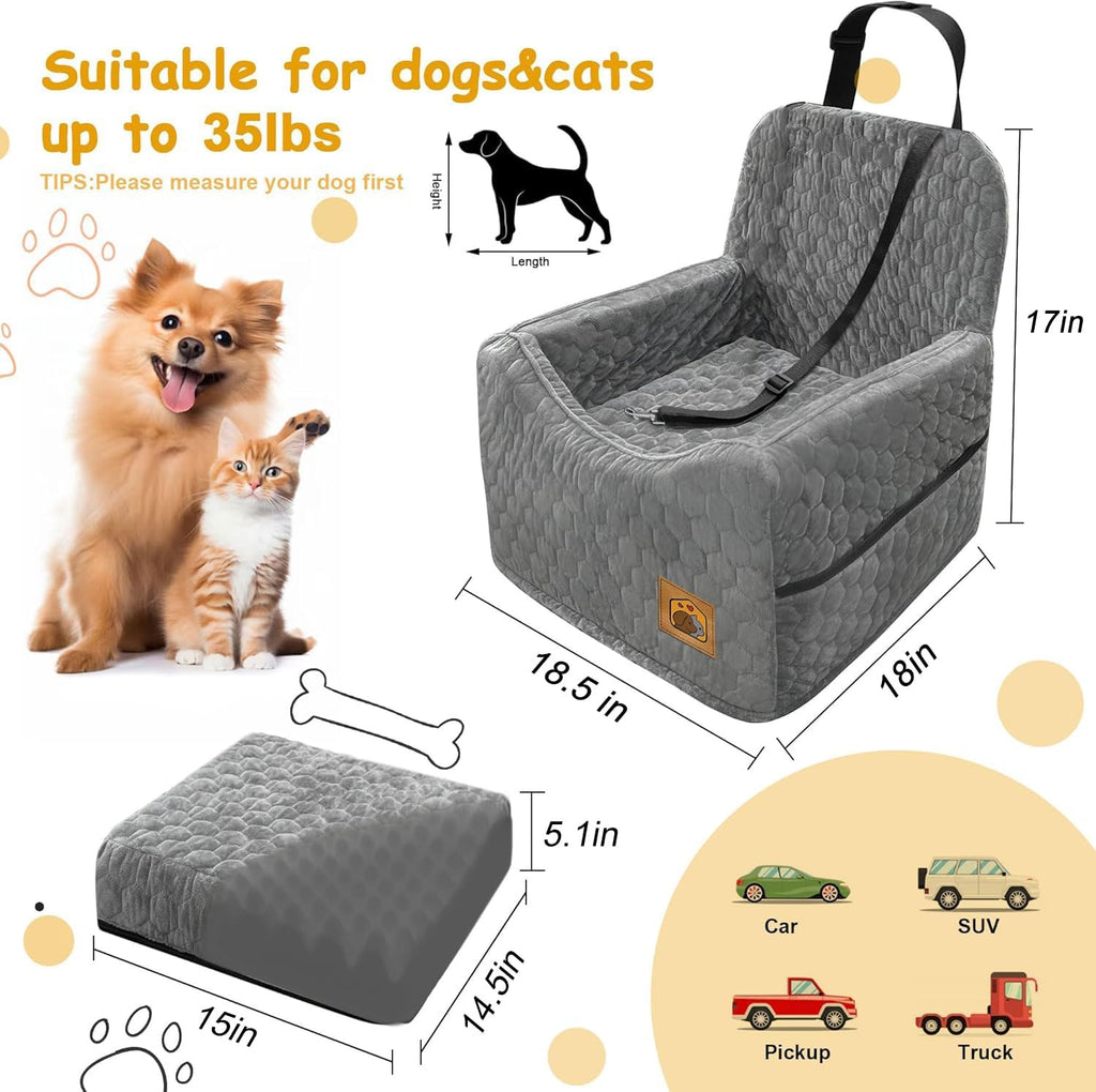 Dog Car Seat for Small/Medium Dogs, Memory Foam Dog Booster Seat, Travel Safety Per Car Seat with Washable Removable