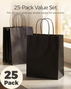 25-Pack Medium Black Gift Bags with Handles for Retail, Halloween