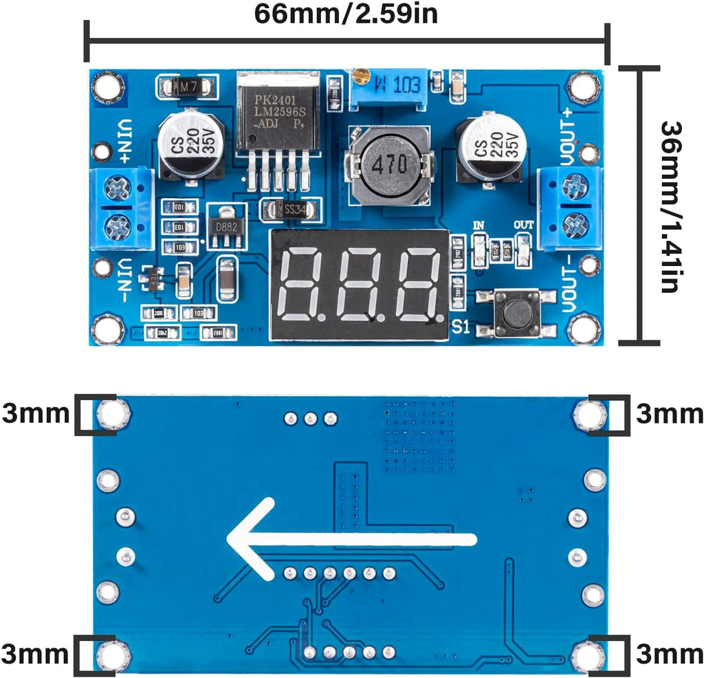 LM2596 LM2596S DC-DC Buck Converter - Voltage Adjustable 4.0-40V to 1.25-37V 2A Power Supply Module with LED Voltmeter Display (Pack of 4)