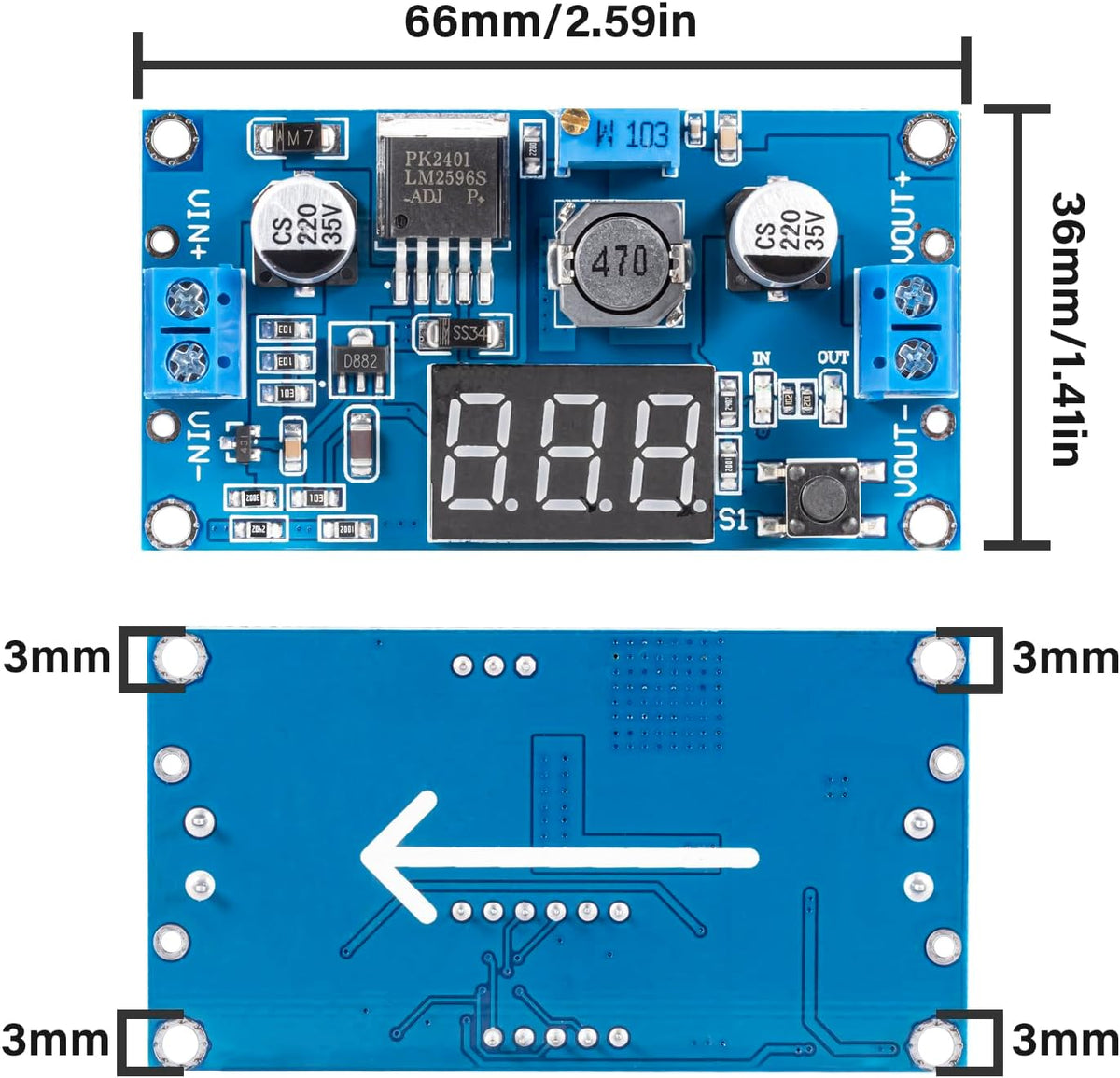 LM2596 LM2596S DC-DC Buck Converter - Voltage Adjustable 4.0-40V to 1.25-37V 2A Power Supply Module with LED Voltmeter Display (Pack of 4)