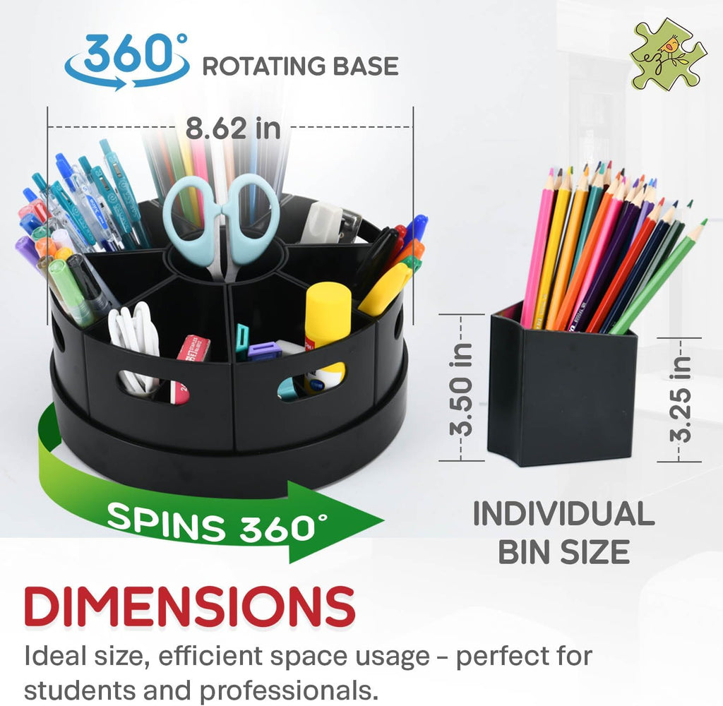 Black Rotating Desk Organizer with Dividers Lazy Susan Caddies for Home School Office Supplies, Pens, Markers and Art