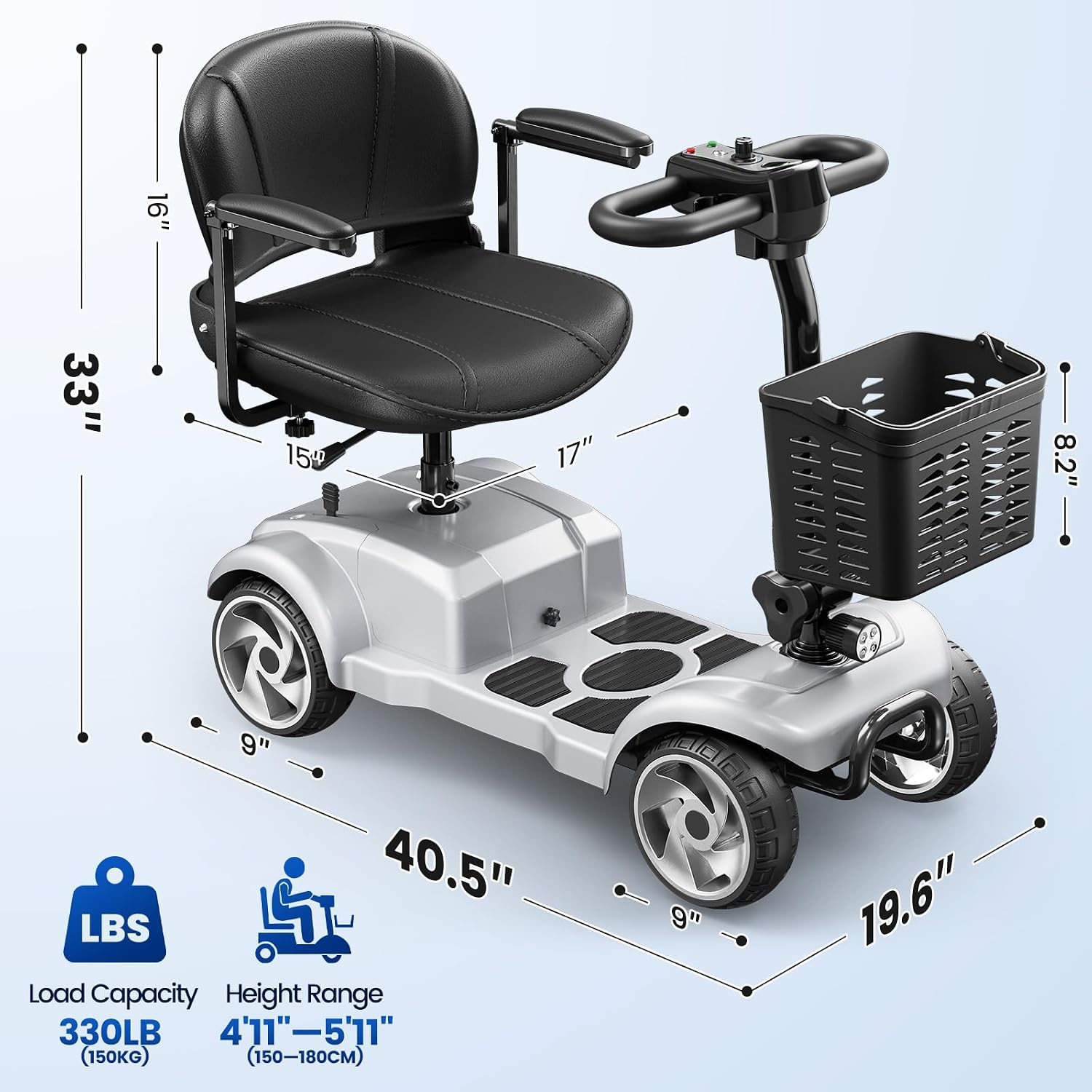 20 Miles 4 Wheel Mobility Scooters for Seniors and Adults, 6.2 MPH, Silver