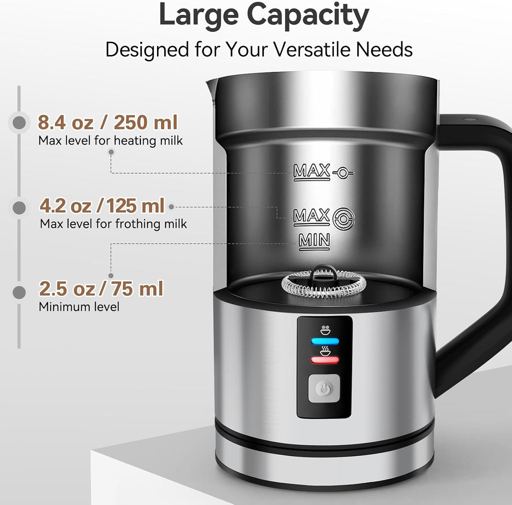 Milk Frother, Electric Milk Steamer Stainless Steel, 8.4oz/250ml Automatic Hot and Cold Foam Maker and Milk Warmer