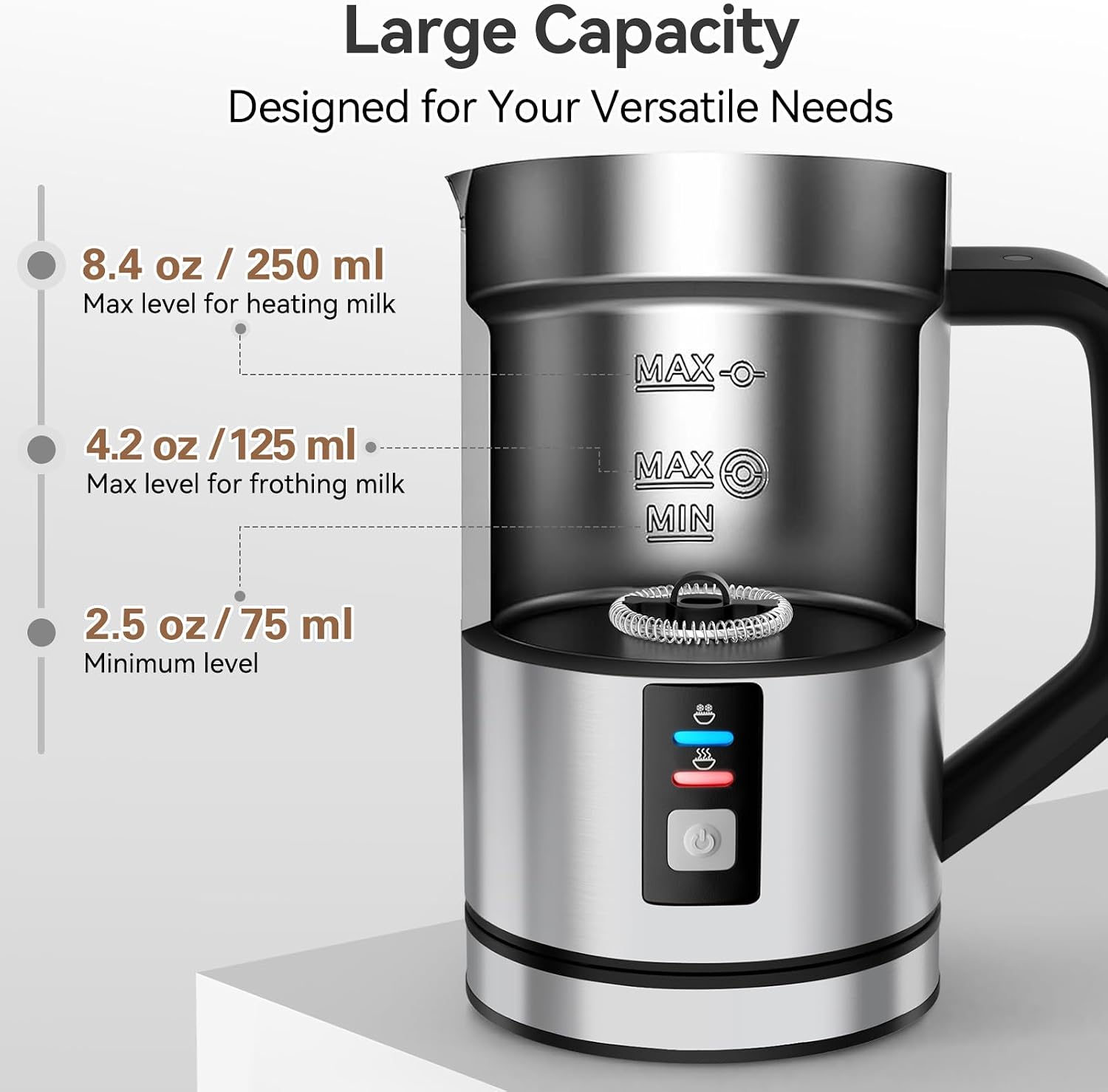 Milk Frother, Electric Milk Steamer Stainless Steel, 8.4oz/250ml Automatic Hot and Cold Foam Maker and Milk Warmer