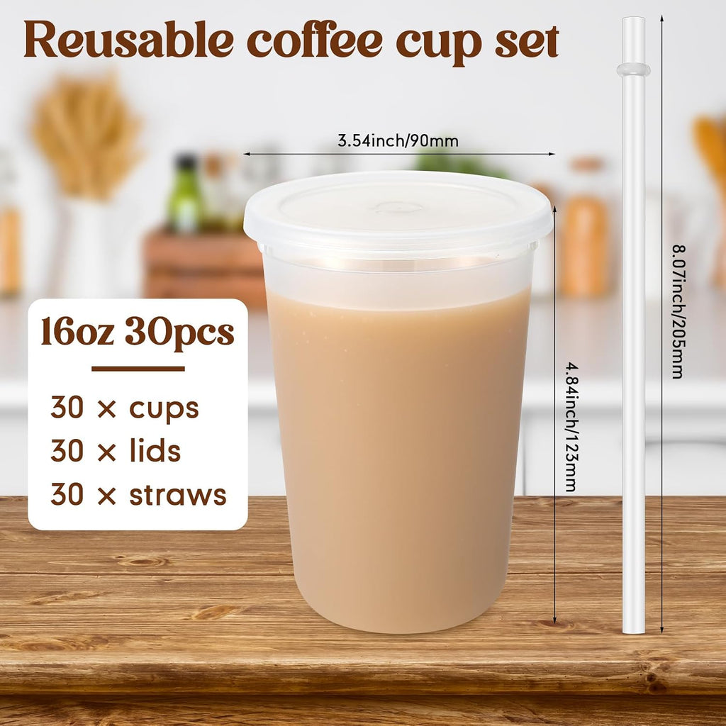 30 Pcs Clear Reusable Cups with Straws and Lids, Plastic Frosted Round Bottom Ice Coffee Cups Travel Mug Tumbler for