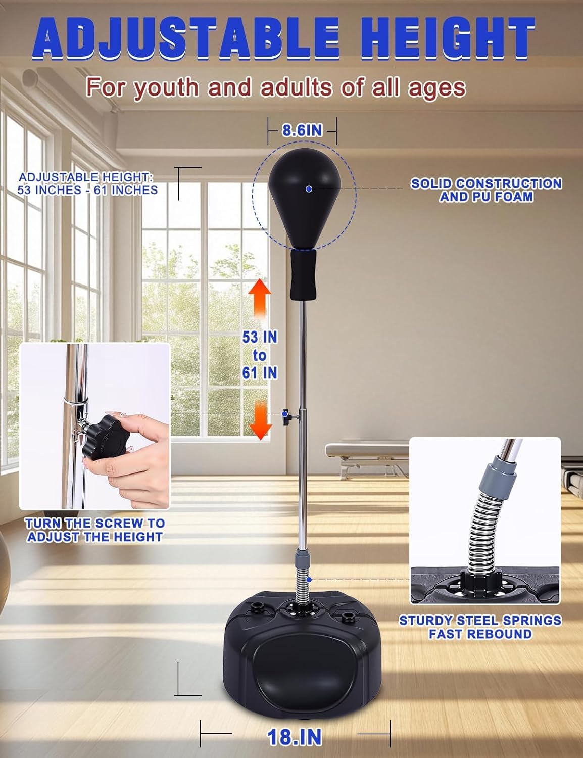 Punching Bag for Adults with Stand, Speed Boxing Reflex Bag | Height Adjustable,Safe Freestanding Design,Improves