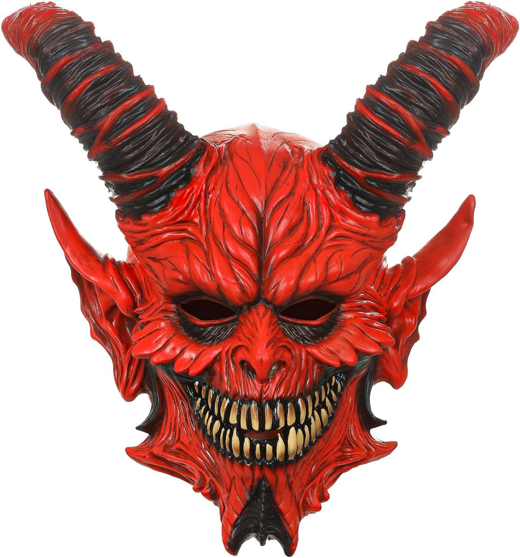 Horror Red Devil Mask Scary Demon Vampire Mask Full Head Ram Horn Latex Headgear Halloween Cosplay Props for Adults