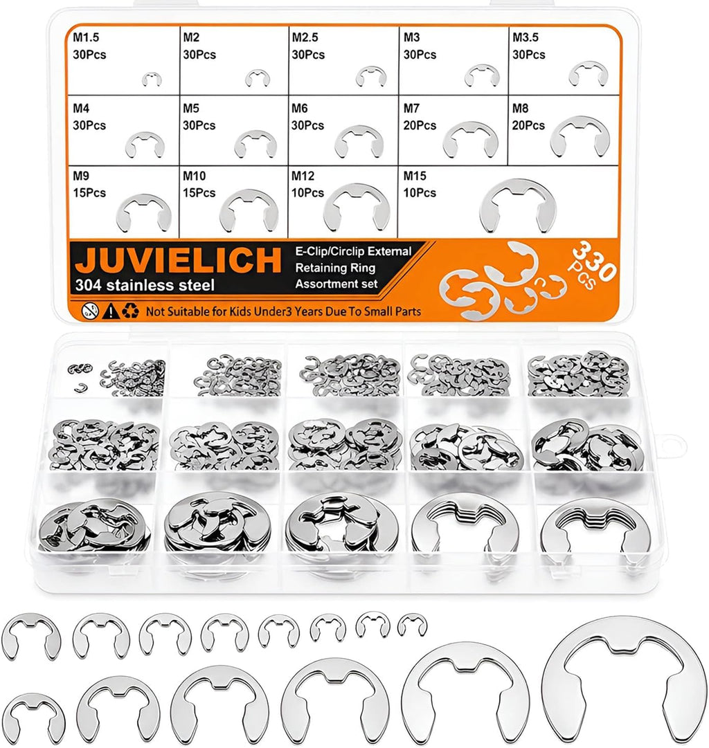 330Pcs E Clips Assortment Kit (M1.5-M15), 304 Stainless Steel
