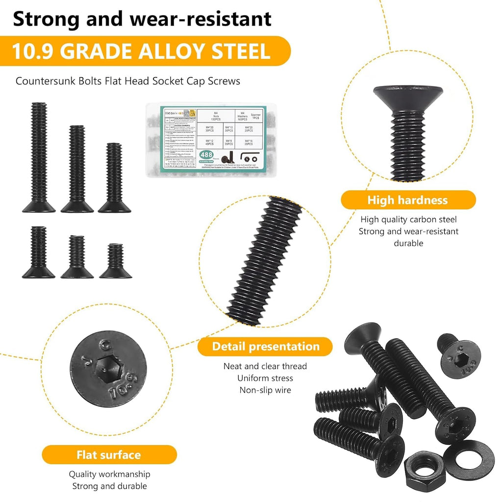488 PCS M4 Countersunk Screws Kit, M4 Flat Head Machine Screws Assortment