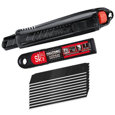 18mm Utility Knife, Heavy Duty Box Cutter with Double Lock Mechanism, SK2 Sharp Black Blade with 10pc Blade Set