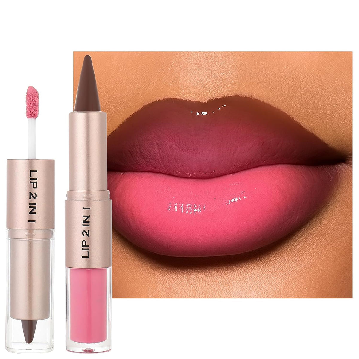 2 In 1 Lip Combo Set, Dual-Ended Lip Liner & Gloss Combo, Nude Brown Lipliner, Velvet Matte Lipstick & High-Shine