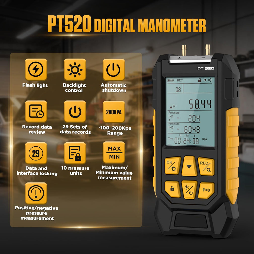 PT520 Manometer Gas Tester Dual-Port -100 to 200 KPa