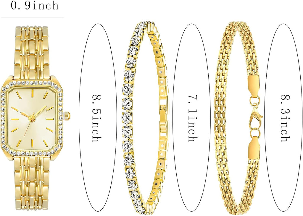 3 Pieces Women Gold Watch Bracelets Set Fashion Costume Jewelry Stainless Steel Gold Plated Square Wristwatch Diamond