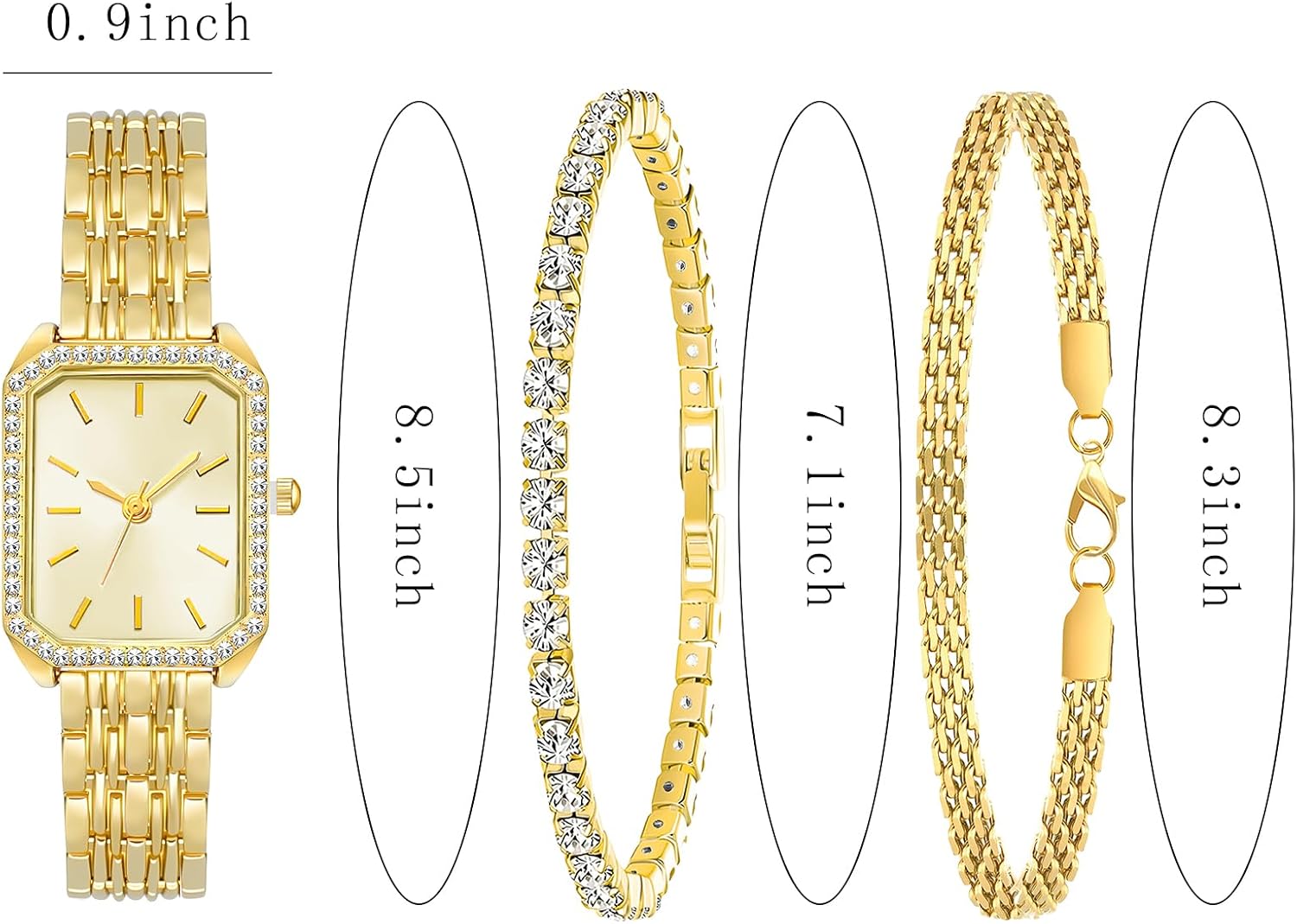 3 Pieces Women Gold Watch Bracelets Set Fashion Costume Jewelry Stainless Steel Gold Plated Square Wristwatch Diamond