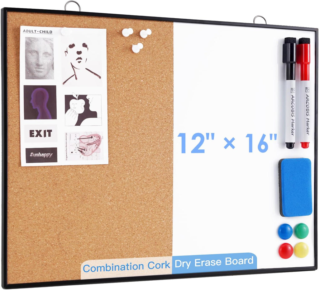 Cork Board White Board Combo, 12"X16" Small Bulletin Board for Wall, Double-Sided Magnetic Dry Erase Corkboard