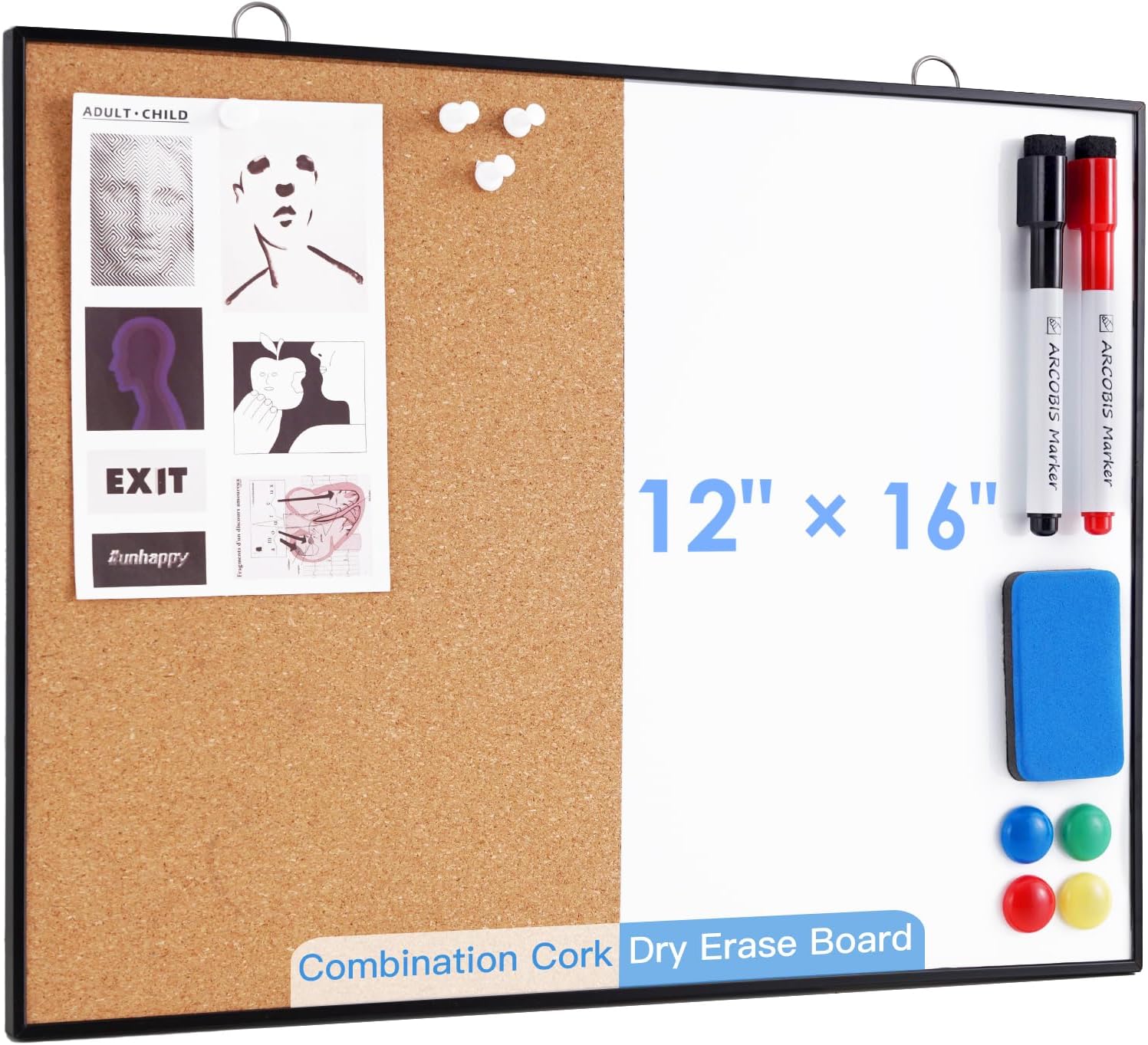 Cork Board White Board Combo, 12"X16" Small Bulletin Board for Wall, Double-Sided Magnetic Dry Erase Corkboard