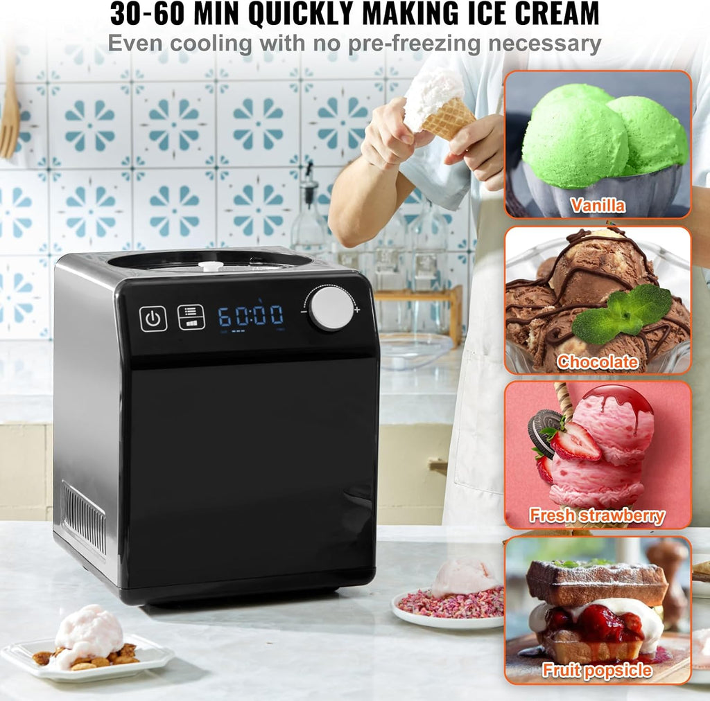 Upright Automatic Ice Cream Maker with Built-in Compressor, 2 Quart No Pre-freezing Fruit Yogurt Machine, Stainless