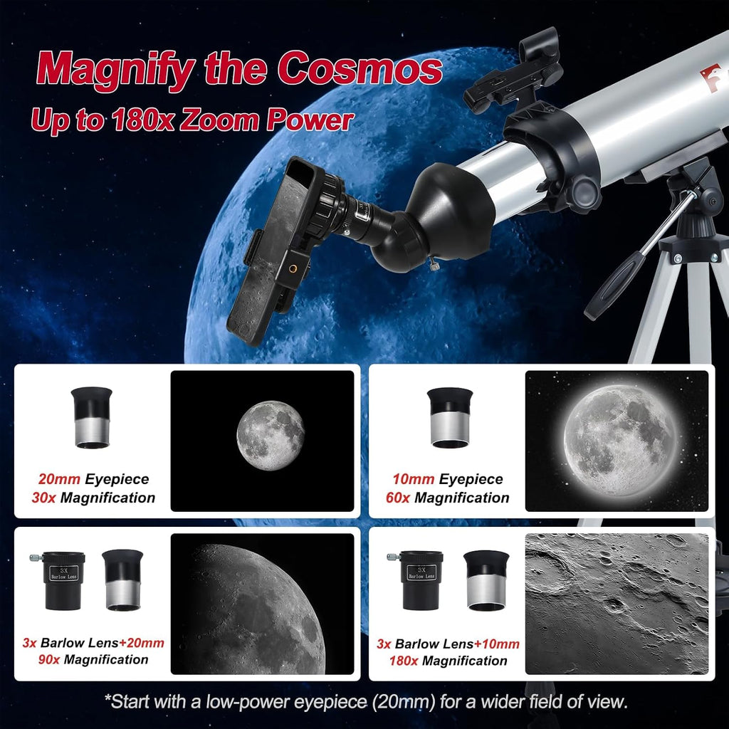 Telescope for Adults – 80mm Refractor Telescope with 600mm Focal Length, Tripod, Barlow Lens & Phone Adapter High