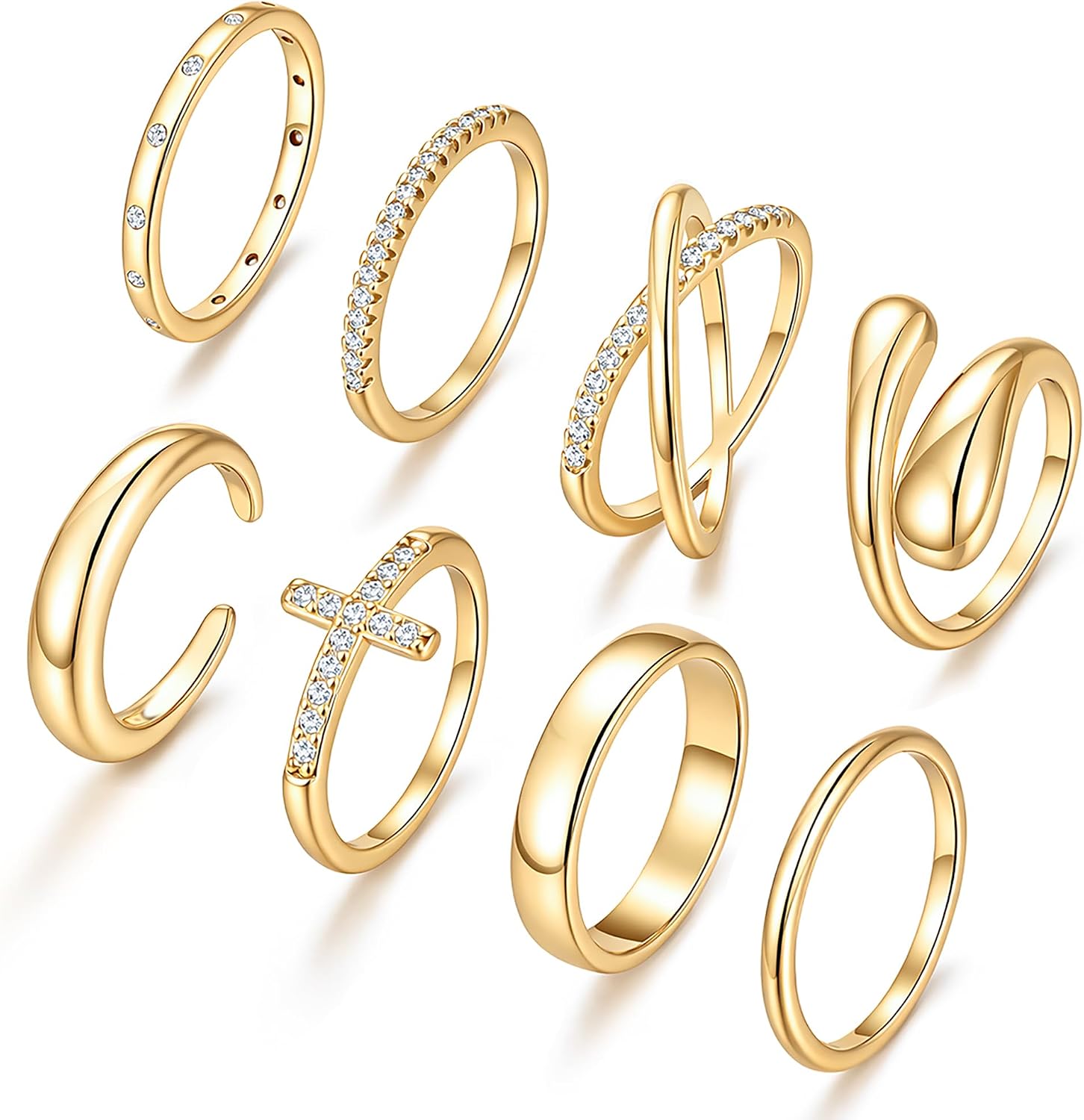 Non Tarnish Chunky Gold Rings for Women, 14K Gold Plated Dainty Stackable Cross Cubic Zirconia Ring Set, Knuckle