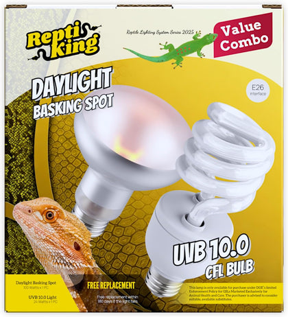 Reptile 100W Basking Spot Bulb & 10.0 24W UVA UVB Bulb Combo – Dual Pack Heat Lamp Bulbs for Reptiles & Amphibians