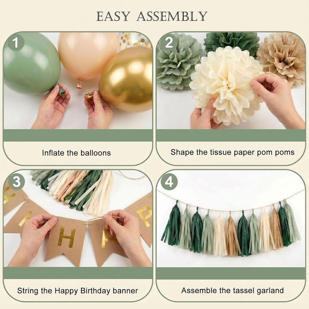 Sage Green Happy Birthday Party Decorations Retro Green Nude Ivory Dark Olive Kraft Paper Banner Balloons Neutral