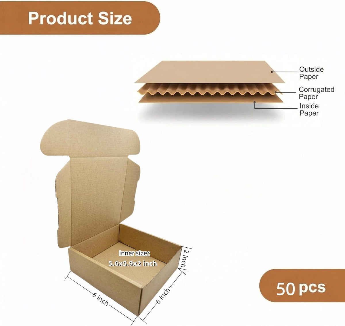 6 x 6 x 2 Inches Small Shipping Boxes Corrugated Packing Box 50 Pack