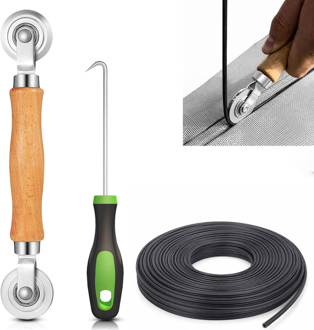 Screen Repair Kit,Roller+0.14”x32ft Spline+Hook