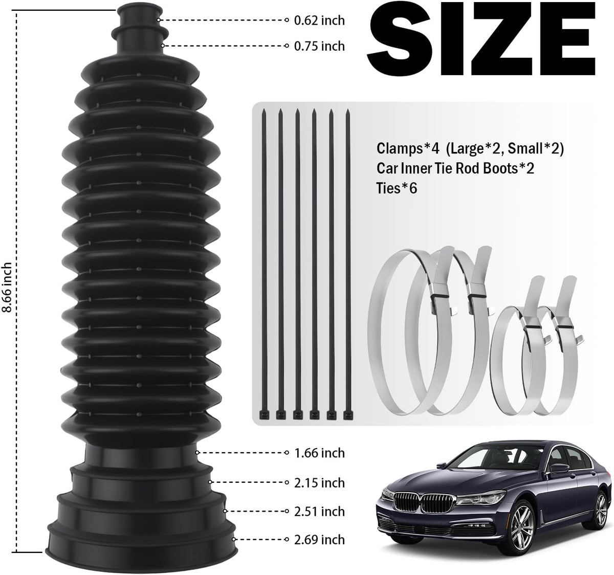 2PCS Thick Silicone Car Inner Tie Rod Boot Upgrade Large Caliber,Cuttable Car Rack and Pinion Boot Kit Includes Ties/Clamps,Professional Cars Steering Rack Boots Kit (Black)