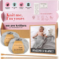 Blanket Knitting Kit for Beginners – DIY Cotton Throw Starter Set with Knitting Needles, Sewing Needle, Textile Label
