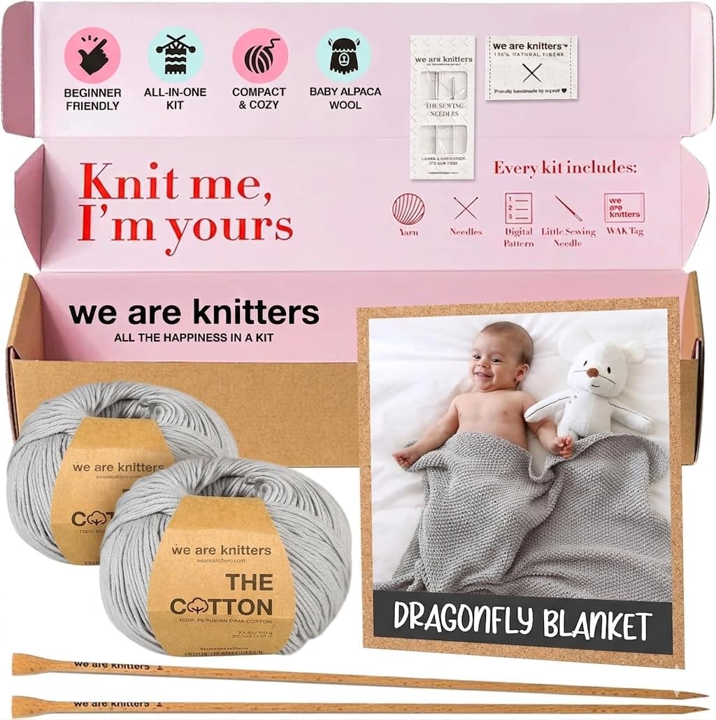 Blanket Knitting Kit for Beginners – DIY Cotton Throw Starter Set with Knitting Needles, Sewing Needle, Textile Label
