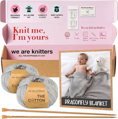 Blanket Knitting Kit for Beginners – DIY Cotton Throw Starter Set with Knitting Needles, Sewing Needle, Textile Label