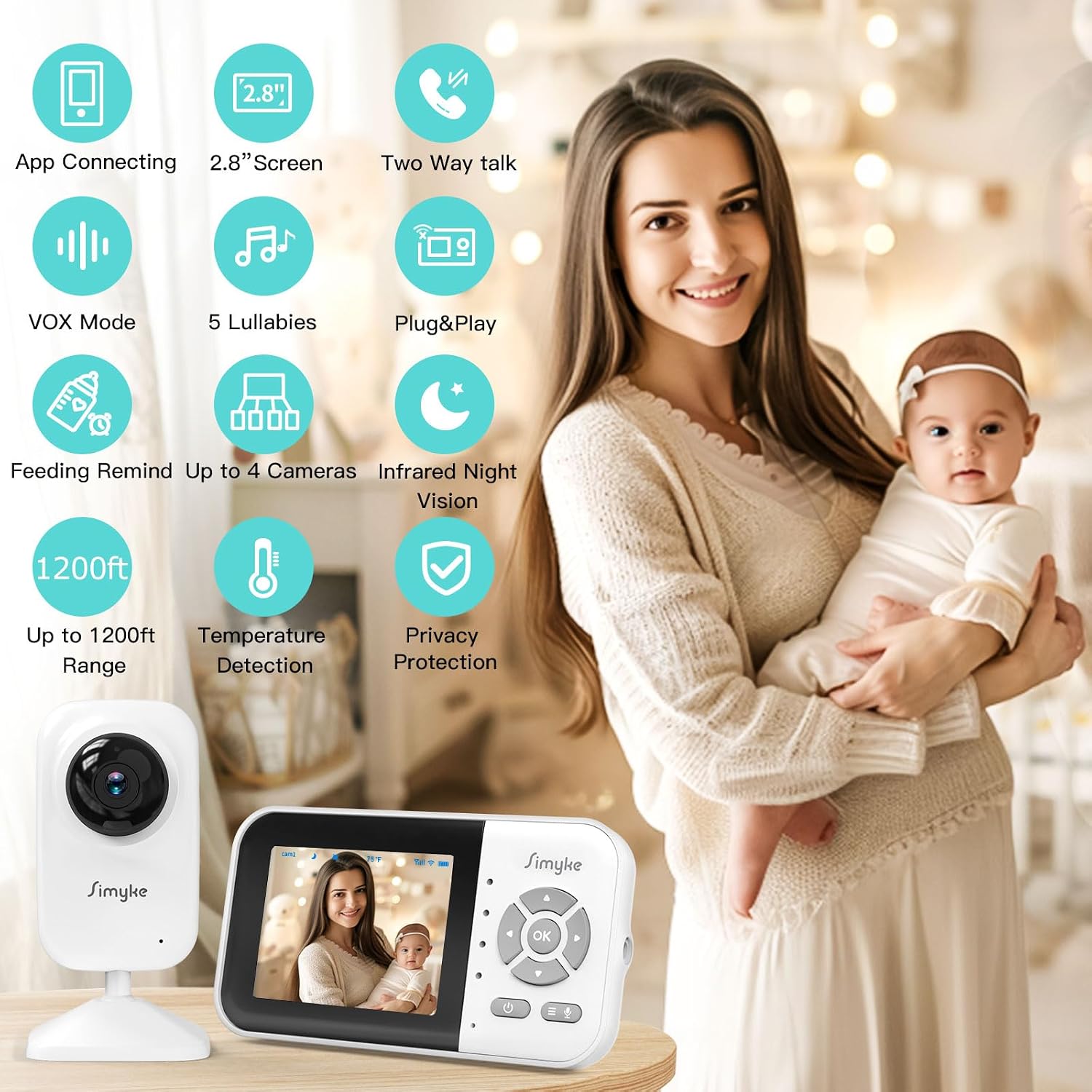 Upgrade Video Baby Monitor,WiFi Baby Camera,2.8" Display and App Control,1200ft Long Range,2 Way Talk,Auto Night