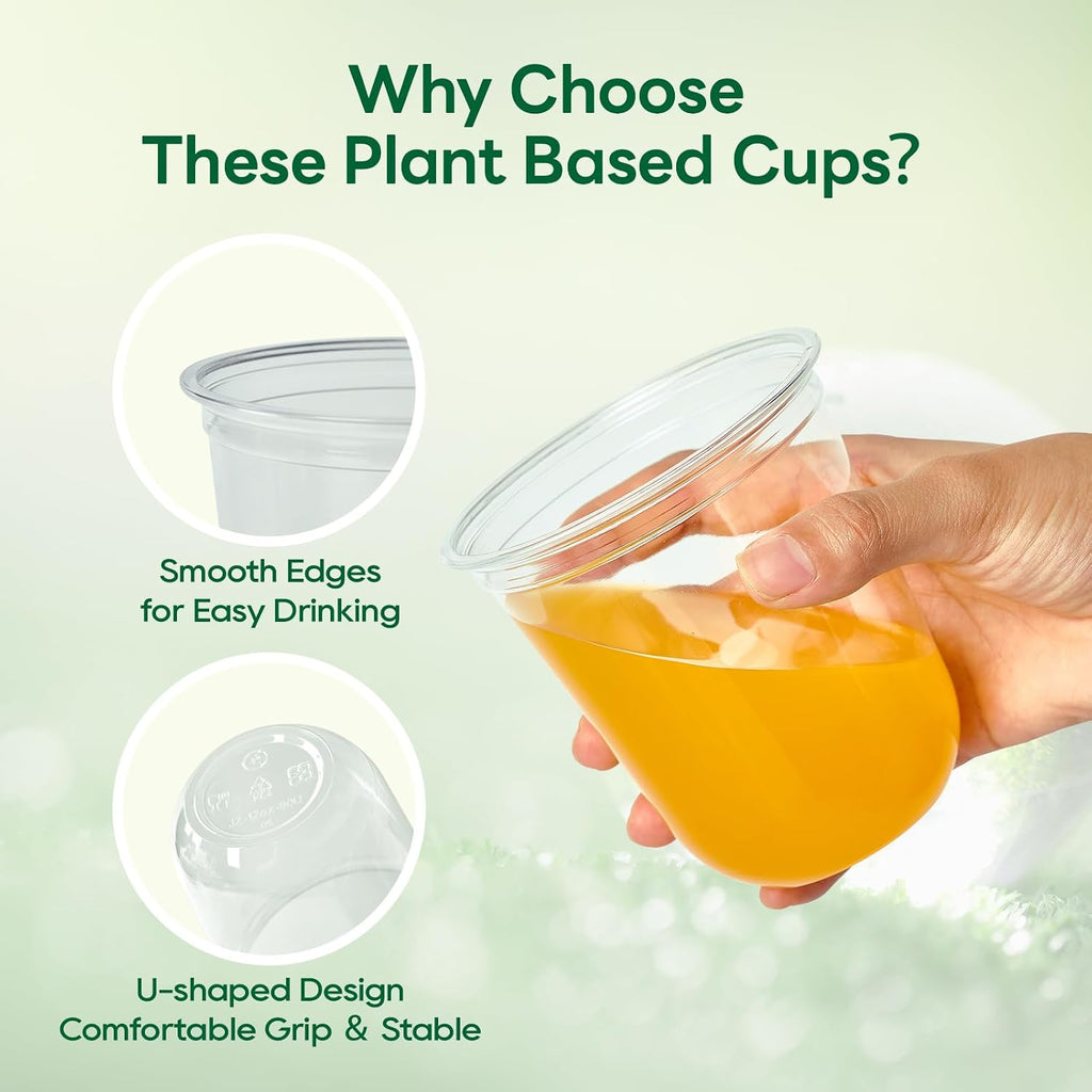 12 oz Compostable Clear Plastic Cold Cups, 100 Pack