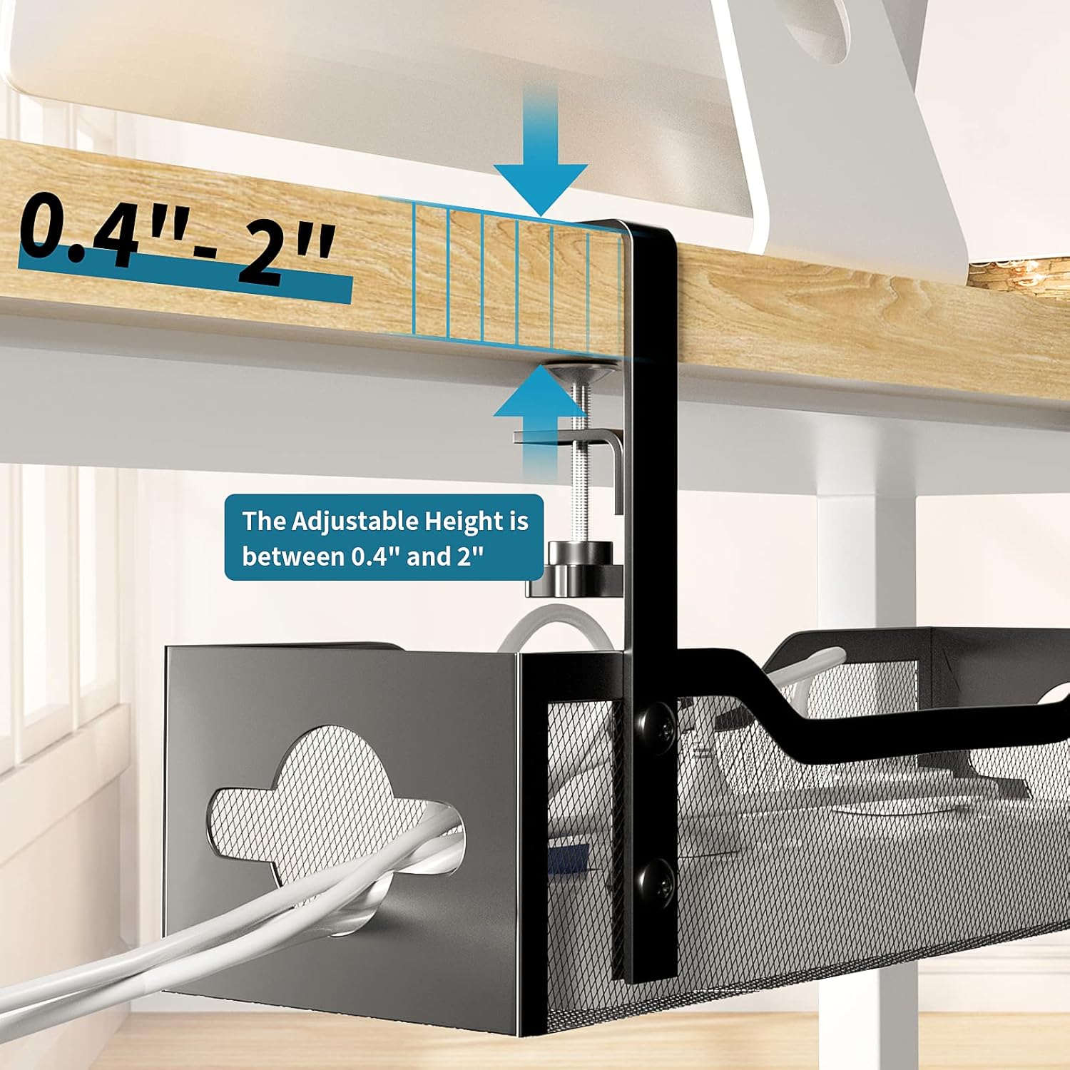 Under Desk Cable Management Tray No Drill, Metal Mesh Cable Management Under Desk with Clamp Mount, 2 Hole Cable Tray