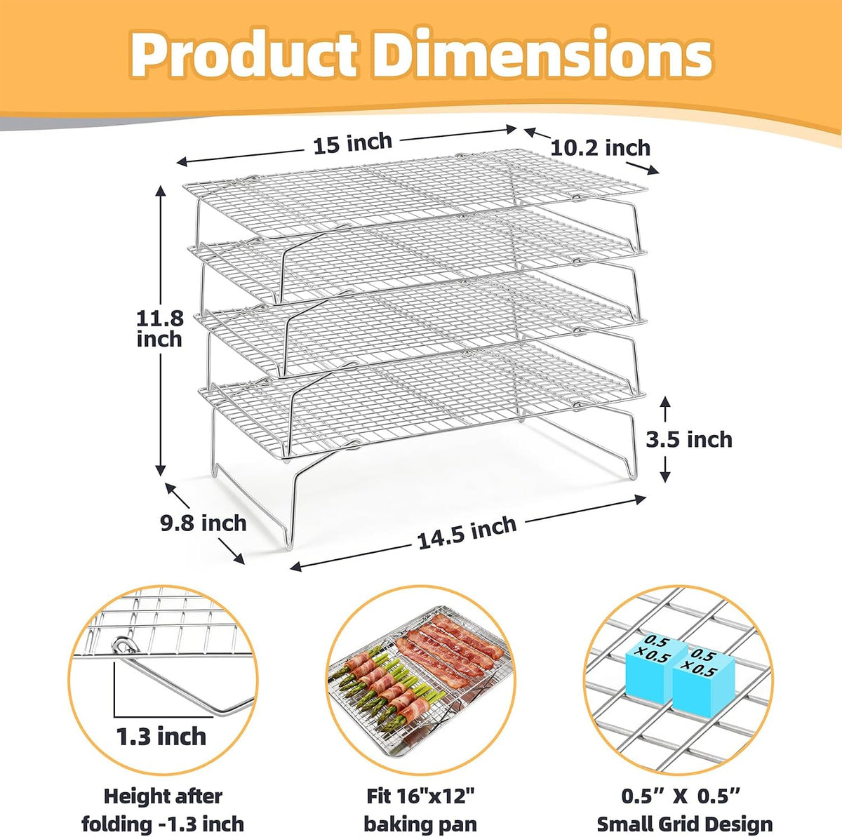 4 Tier Stackable Cooling Racks for Cooking and Baking, 15" x 10"