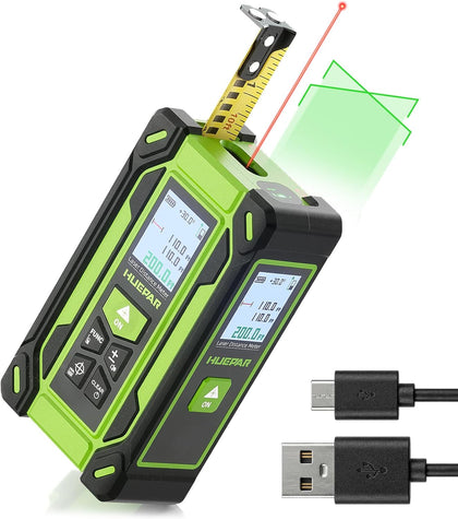 Digital Laser Tape Measure 4-in-1, HUEPAR ±1/16" Laser Measure with Dual HD Display, 200Ft Rechargeable Laser
