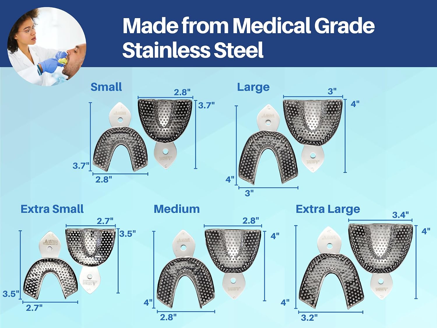 Dental Impression Trays - Set of 10 Perforated Stainless Steel Trays (XS, S, M, L, XL) - Durable, Rounded Margins