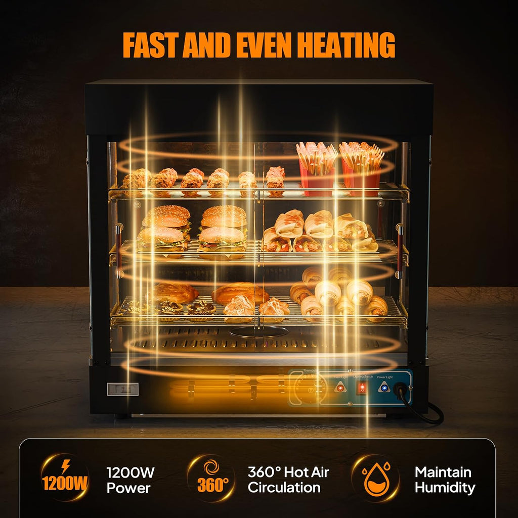 26" Commercial Food Warmer Display Pizza Warmer, 3-Tier Electric Countertop Food Warmer w/LED Lighting, Adjustable