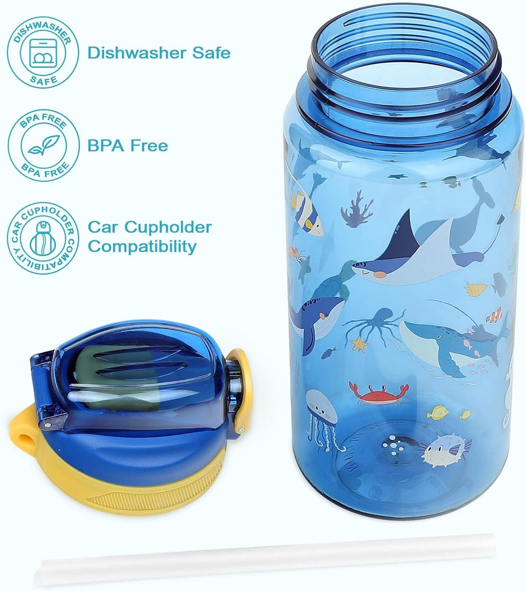 Kids Water Bottle for School or Travel, 20 Oz Durable Plastic Water Bottle | Silicone Straw, Pop-Up Spout Cover, BPA