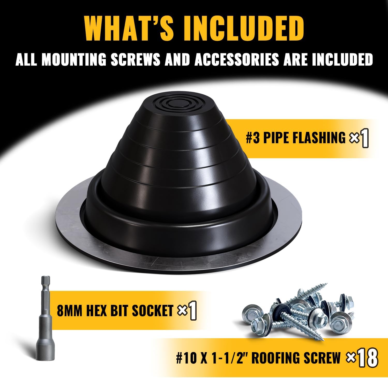 #3 Rubber Roof Vent Boot, EPDM Metal Roof Pipe Boot, Black, 1-Pack