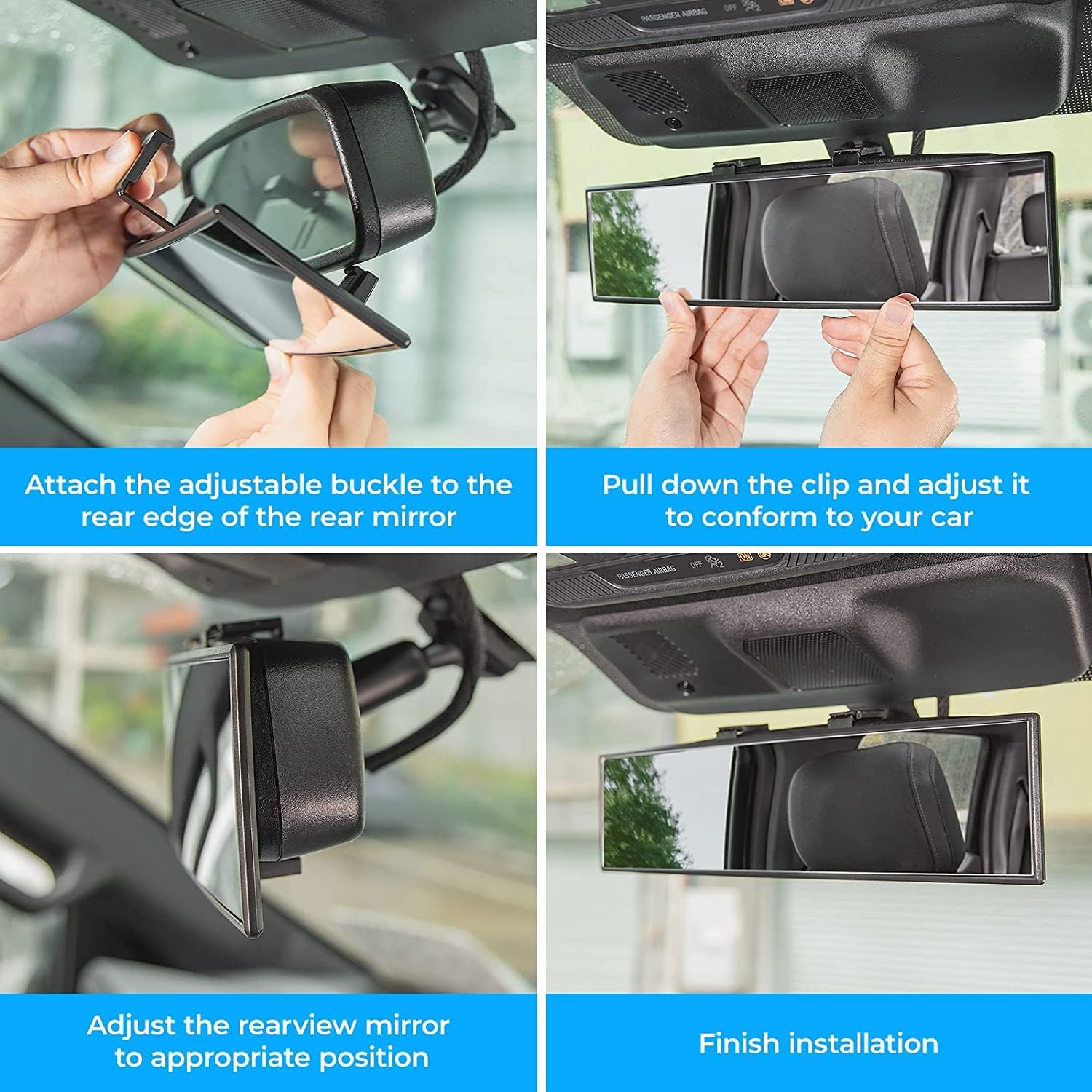Panoramic Rear View Mirror, 12 Inch Wide Angle Clip On Mirror, Universal Car Interior Accessories, Convex Interior