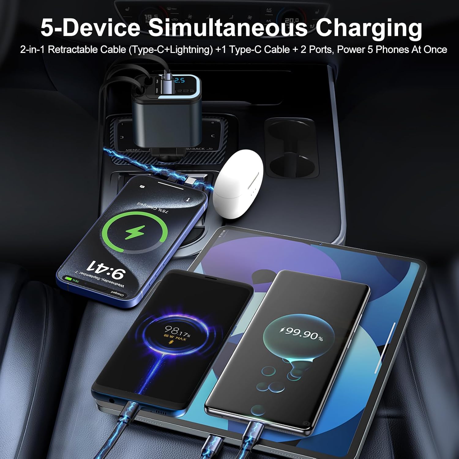 5-in-1 120W 30-Minutes Fast Flash Charging Retractable Car Charger, Wireless Bluetooth FM Transmitter, Type-C+USB-A