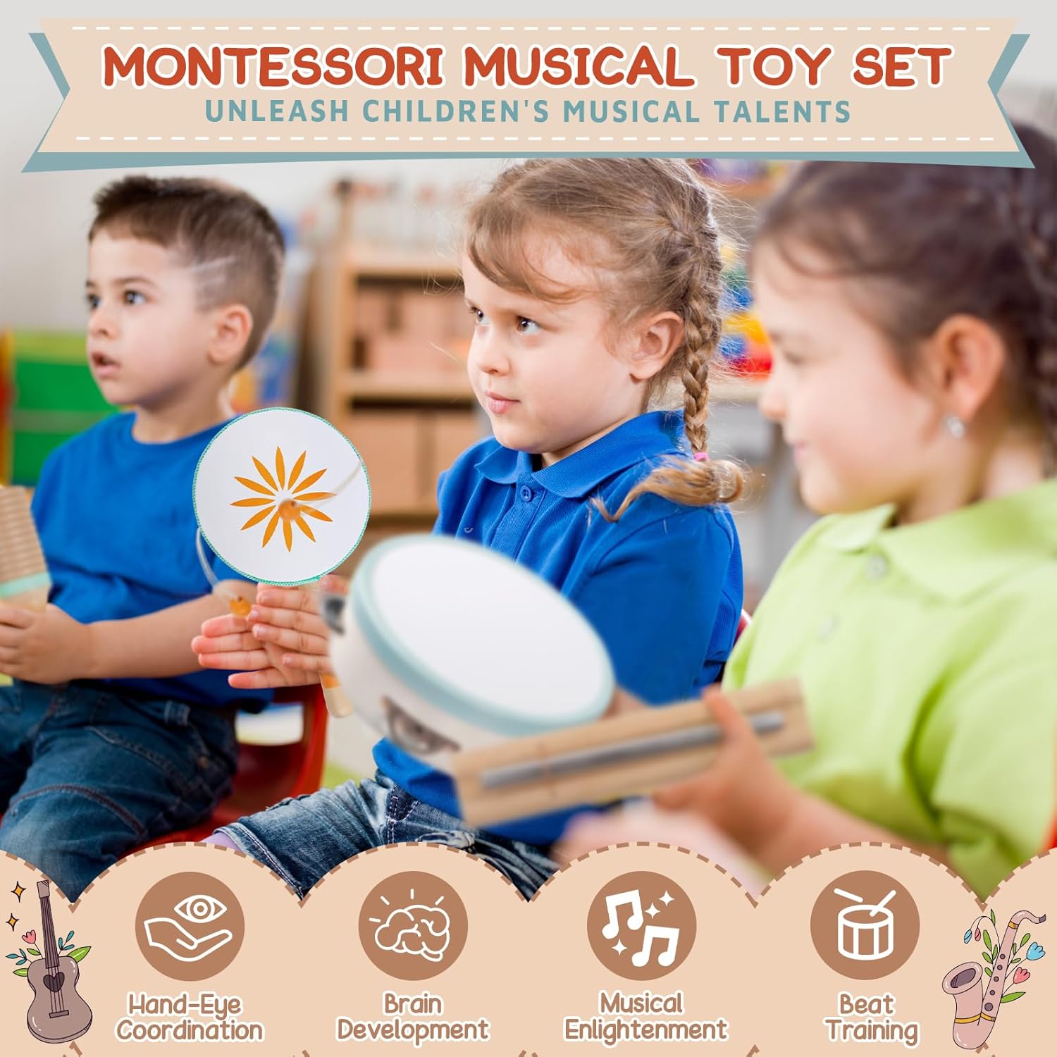 Baby Musical Instruments - Montessori Wooden Musical Toys for Toddlers Kids | 10pcs Tambourine Percussion Instruments