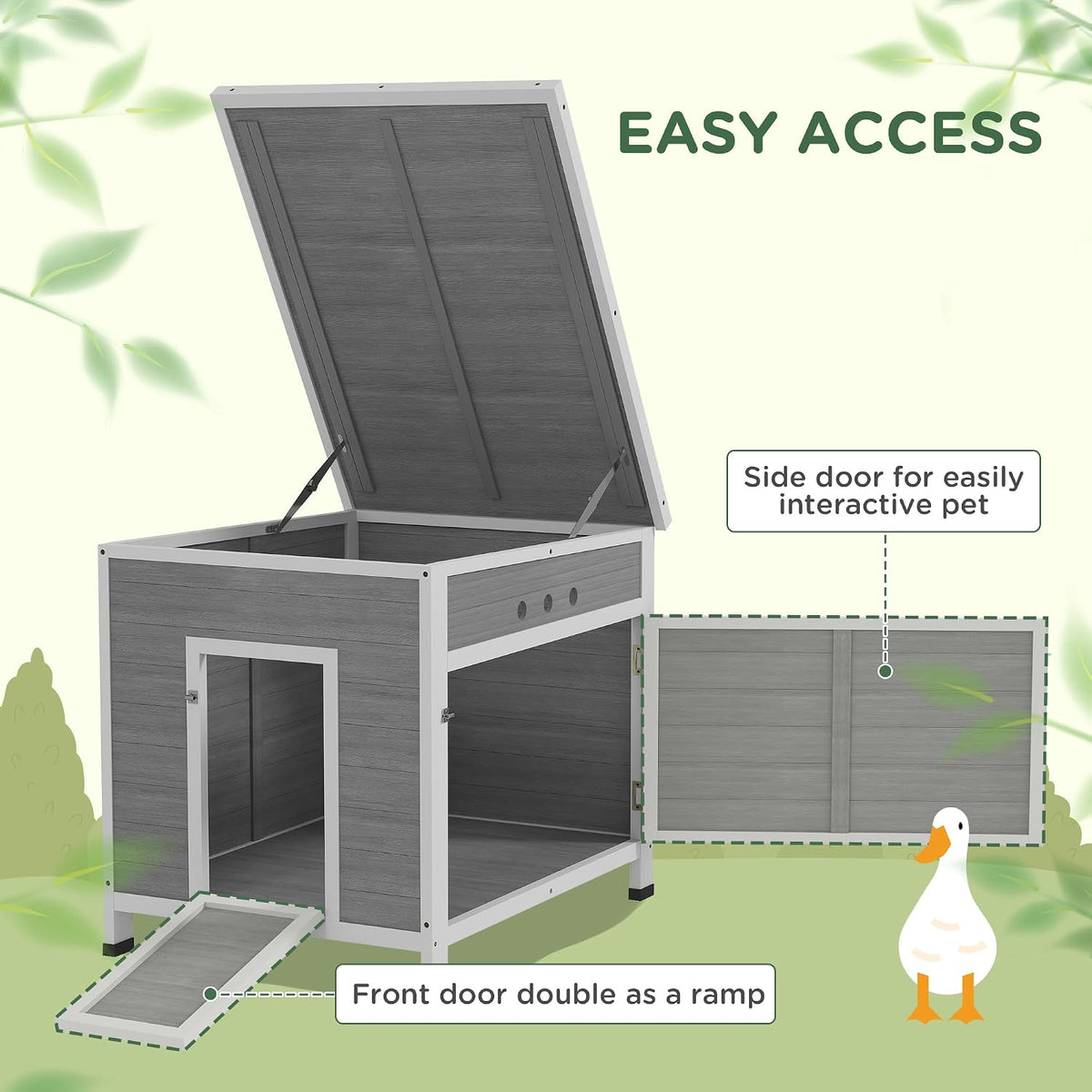 Duck Coop, Wooden Chicken House Rabbit Hutch with Openable Roof, Removable Floor, Double Doors, Ramp, Duck House for