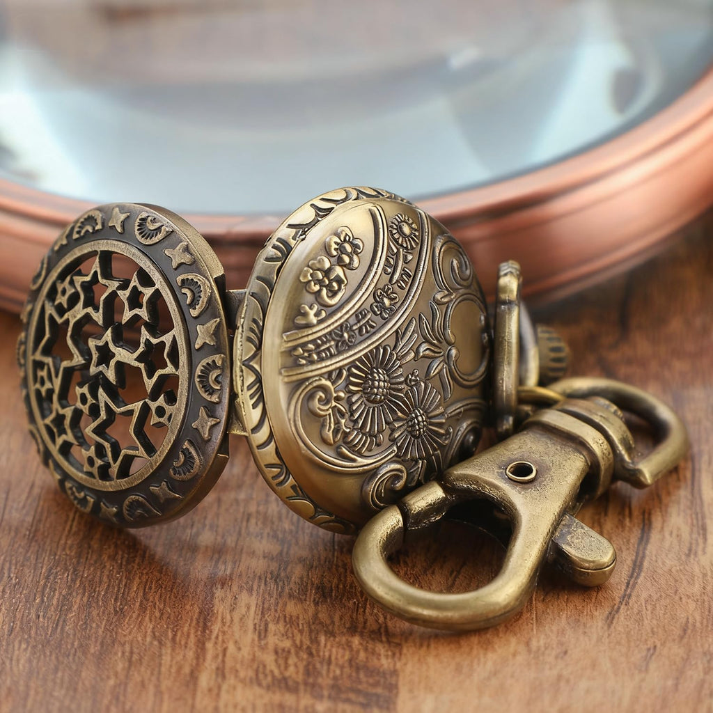 Star Hollow Design Men's Quartz Pocket Watch, Vintage Souvenir Gift Keychain and Chain Dual-Use Pocket Watch