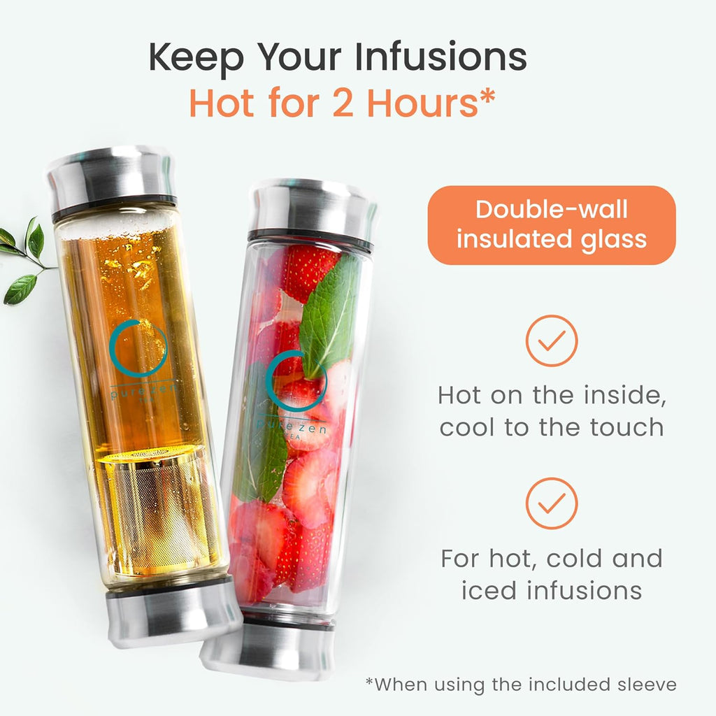 Infuser Bottle - Double Wall Glass Travel Mug with Stainless Steel Filter - Leakproof Tea Tumbler with Infuser for